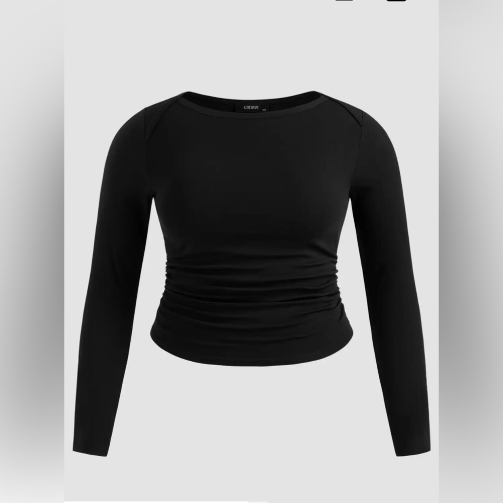 Cotton-blend Boat neckline solid Ruched long sleeve crop tea, curvy plus